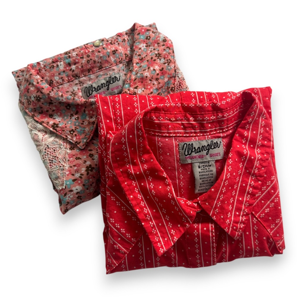Lot of 2 Wrangler Women Sleeveless Western Snap Shirts Red Floral Lace Small